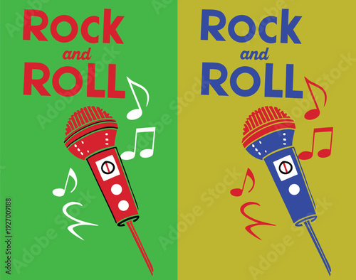 Rock and roll musical theme poster featuring microphone illustration with floating music notes in vibrant colors