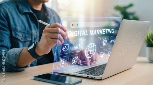Professional digital marketer analyzing data on laptop with AI marketing tools