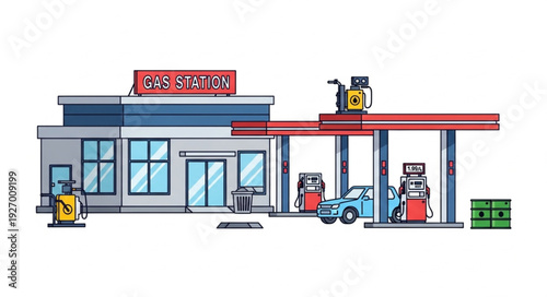 Gas station illustration featuring fuel pumps and a car under the canopy.