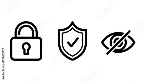Digital Security and Privacy Icons: Locked Padlock, Verified Shield, and Hidden Visibility Eye Symbol Set