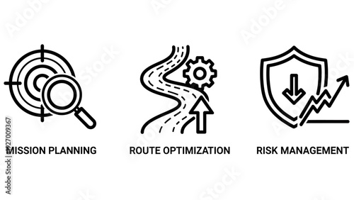 Business Strategy and Operations Icons: Mission Planning, Route Optimization, and Risk Management Line Art
