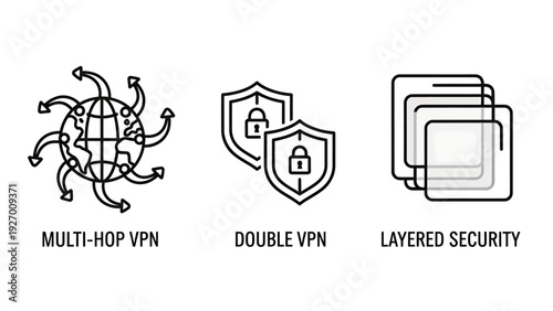 Modern outline icons representing advanced VPN security features like multi-hop, double VPN, and layered protection for data privacy and network safety.