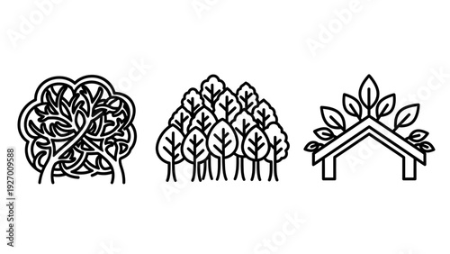 Eco-Friendly Nature and Green Living Icons Featuring Trees, Forest, and Sustainable Home Concept