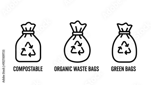 Eco-Friendly Waste Management Icons: Compostable, Organic Waste, and Green Recycling Bags Representing Sustainable Living and Environmental Responsibility