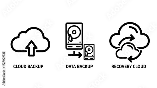 Data Storage and Cloud Computing Icons: Cloud Backup, Hard Drive Data Transfer, and Recovery Cloud Representing Digital Security and System Restoration