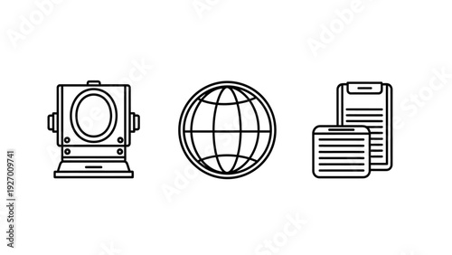 Diverse Business and Global Communication Icons: Diving Helmet, World Globe, and Document Stack Representing Exploration, International Work, and Administration