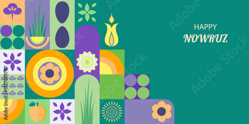 Postcard with Novruz holiday. Novruz Bayram background template. Spring flowers, painted eggs and wheat germ. Geometric mosaic. Festive banner. Vector illustration