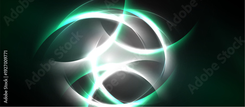 Abstract design features glowing curves, lines. Dark background emphasizes bright, circular shapes. Modern, dynamic composition.