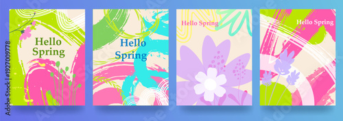 Bright spring gradient backgrounds. Minimalistic style with floral elements and texture. Brush strokes, stylized flowers. Editable template. Sale banners. Vector images.