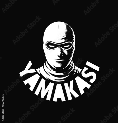 Yamakasi urban streetwear illustration featuring a man wearing a balaclava mask and bold typography isolated on a black background for parkour and athletic branding