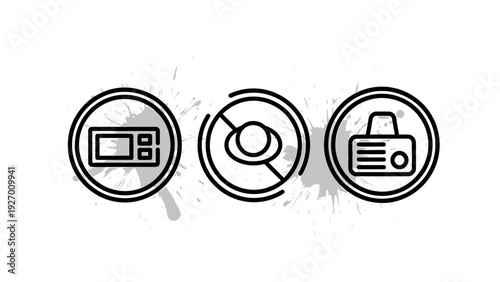 Abstract Outline Icons for Data Privacy, Hidden Information, Device Control, and Document Management with Grunge Splatter.