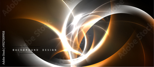 Abstract design features flowing orange, white lines. Dynamic curves create energy, light effect on dark background. Modern, elegant composition.