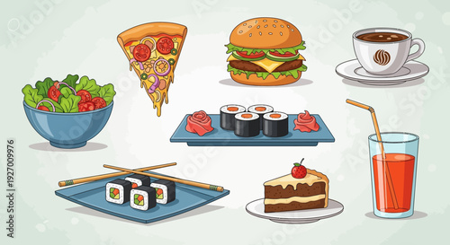 Delicious assortment of various fast food items including pizza, burger, sushi, salad, and drinks on isolated white background.