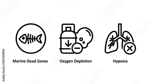 Environmental Crisis Icons: Marine Dead Zones, Oxygen Depletion, and Hypoxia Impacting Ocean Ecosystems.