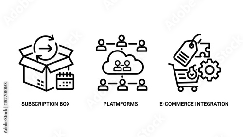 Essential black outline icons for subscription boxes, online platforms, and e-commerce integration, ideal for modern digital business concepts.