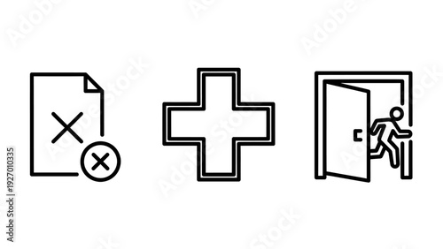 Essential Safety and Administration Icon Set Displaying Document Rejection, Medical Cross, and Emergency Exit Symbols for Workplace and Public Safety Signage