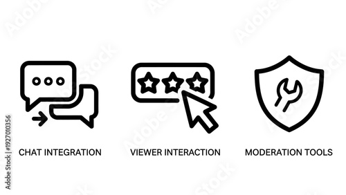 Digital Community Engagement Icon Set Including Chat Integration, Viewer Star Ratings, and Technical Moderation Tools for Social Media and Streaming Platforms