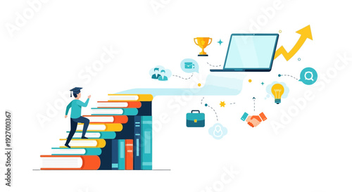 Student Climbing Book Stairs to Success: Education Path, E-Learning, Career Growth, and Achievement Concept Illustration