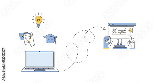 E-learning Workflow Illustration: Digital Education, Online Certification Process, and Knowledge Assessment via Laptop.