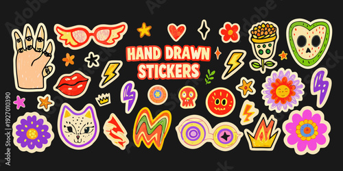 Collection of vibrant hand drawn stickers featuring playful and quirky designs