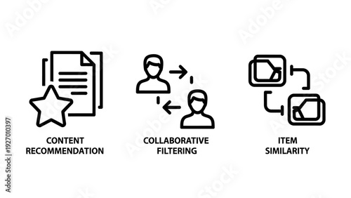 Machine Learning and Personalization Icon Set for Content Recommendation Systems Collaborative Filtering Algorithms and Item Similarity Matching