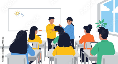 Modern Education and Learning Vector Illustration. Teachers and Students Collaborating in a Classroom Setting with Digital Devices.