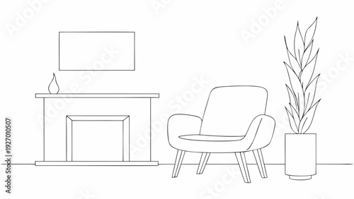 Cozy living room interior with fireplace chair and plant