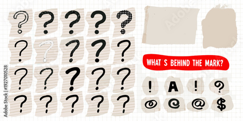 Numerous question marks and symbols scattered on lined paper background