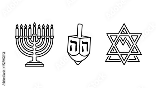 Jewish Hanukkah and Religious Symbols Collection: Menorah, Dreidel, and Star of David Icons Representing Tradition, Faith, and Celebration