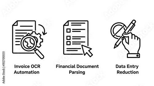 Business Process Automation Icons: Invoice OCR Automation, Financial Document Parsing, and Data Entry Reduction for Efficient Operations and Digital Transformation