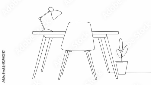 Minimalist office workspace with desk chair lamp and plant in simple line art