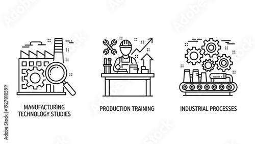 Industrial manufacturing icon set featuring technology studies, production training, and automated industrial processes for factory development and management.