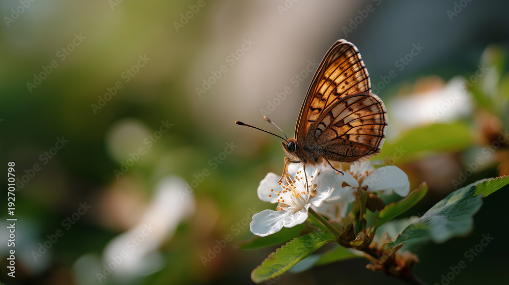 Obraz premium Macro Butterfly on White Spring Blossoms with Soft Bokeh, Ultra-realistic macro of an orange-brown butterfly resting on white blossoms in warm natural light with creamy bokeh.