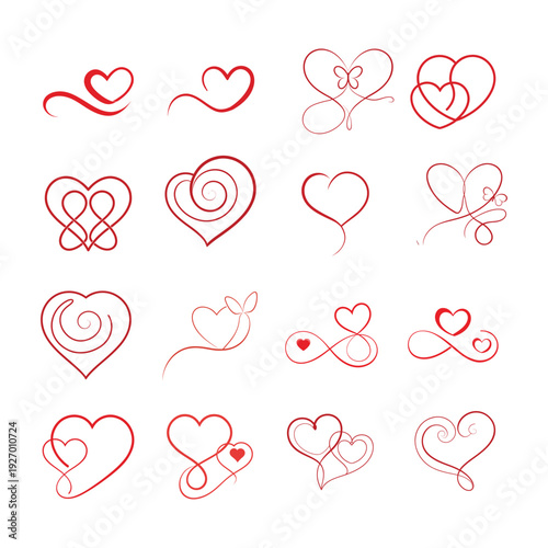 Collection of  red heart shapes in various orientations and styles