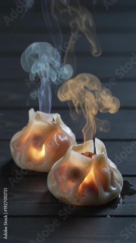 Culinary Art and Food Presentation Concept Steaming Dumplings on Dark Wood Surface.