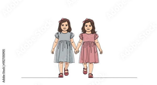 A minimalist vector illustration of two young girls holding hands and walking together in a flat design style