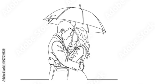 A romantic couple shares a tender kiss under a protective umbrella in a minimalist line art illustration