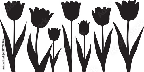 Vector illustration featuring a floral silhouette of a tulip and rose blossom held by hand silhouettes in a nature inspired art design for a symbolic spring tattoo pattern