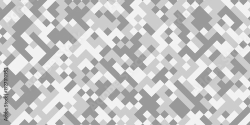 Abstract gray and white geometric pixel pattern background, modern digital camouflage mosaic texture, minimalist square grid tech backdrop.