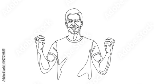 A minimalist line art illustration of a happy man celebrating with his fists raised in a victorious gesture