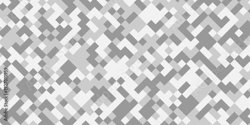 Abstract gray and white geometric pixel pattern background, modern digital camouflage mosaic texture, minimalist square grid tech backdrop.