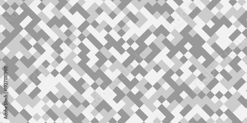 Abstract gray and white geometric pixel pattern background, modern digital camouflage mosaic texture, minimalist square grid tech backdrop.