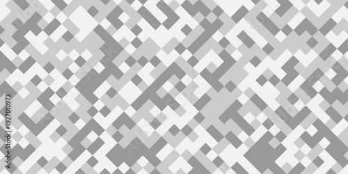Abstract gray and white geometric pixel pattern background, modern digital camouflage mosaic texture, minimalist square grid tech backdrop.
