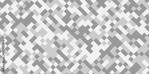 Abstract gray and white geometric pixel pattern background, modern digital camouflage mosaic texture, minimalist square grid tech backdrop.