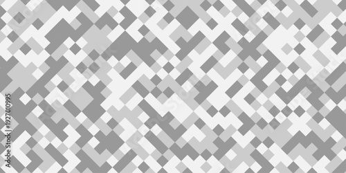 Abstract gray and white geometric pixel pattern background, modern digital camouflage mosaic texture, minimalist square grid tech backdrop.