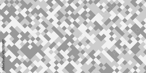 Abstract gray and white geometric pixel pattern background, modern digital camouflage mosaic texture, minimalist square grid tech backdrop.