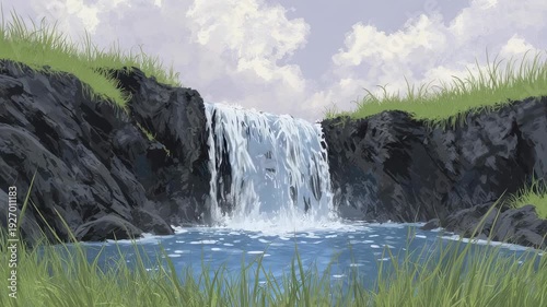 Serene Waterfall Landscape with Rocky Cliff.