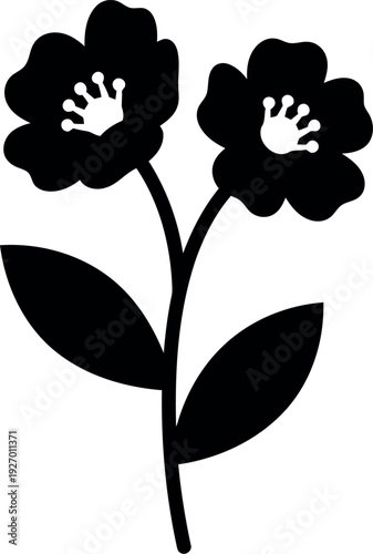 Black Silhouette of Two Flowers with Leaves Isolated on White Background Vector Illustration