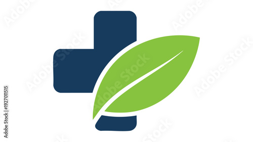 Modern medical and environmental care symbol combining cross and leaf