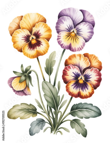 Colorful pansy flower cluster in delicate hand painted watercolor with soft garden foliage.